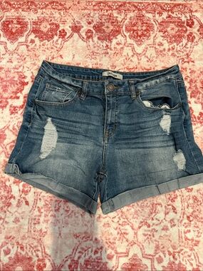 refuge Distressed Rolled Hem Denim Shorts in Blue